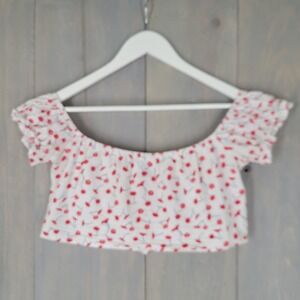 Polly Floral Crop Top Womens 12 White Red Off Shoulder Button Front Cottage BOHO